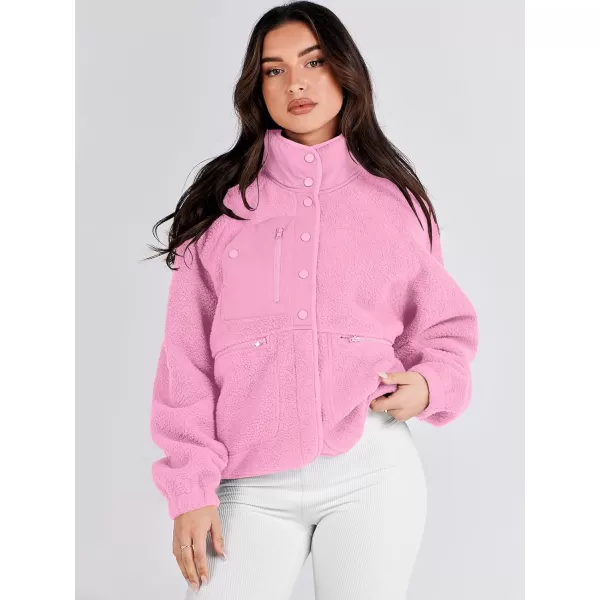 imageANRABESS Womens Fleece Jacket Button Down Shacket Casual Sherpa Cropped Coats Warm Outwear with PocketsPink