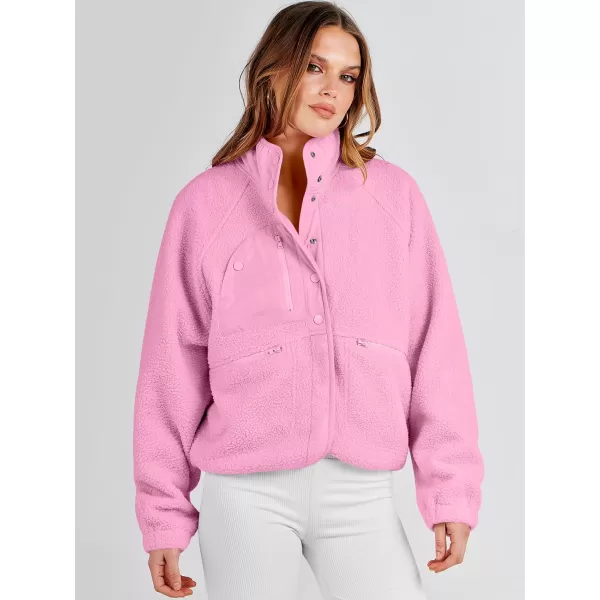 imageANRABESS Womens Fleece Jacket Button Down Shacket Casual Sherpa Cropped Coats Warm Outwear with PocketsPink