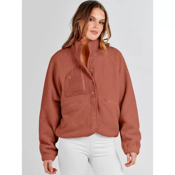 imageANRABESS Womens Fleece Jacket Button Down Shacket Casual Sherpa Cropped Coats Warm Outwear with PocketsRust