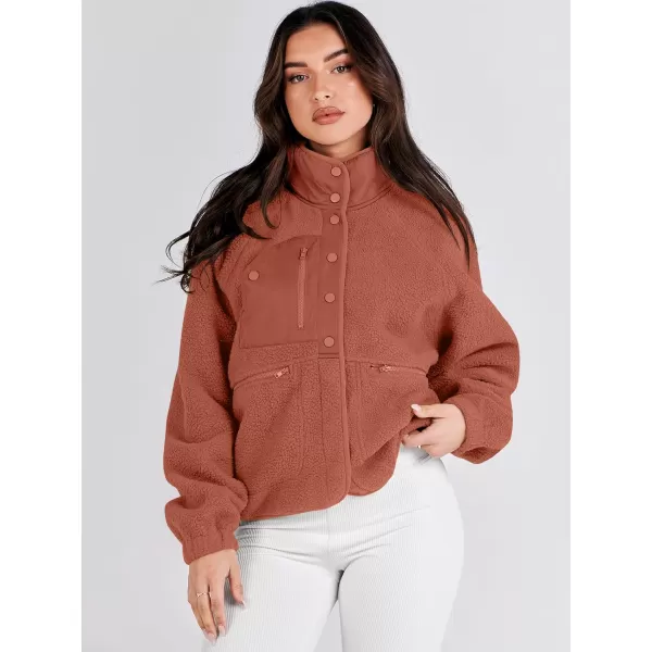 imageANRABESS Womens Fleece Jacket Button Down Shacket Casual Sherpa Cropped Coats Warm Outwear with PocketsRust