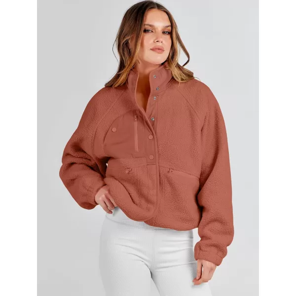 imageANRABESS Womens Fleece Jacket Button Down Shacket Casual Sherpa Cropped Coats Warm Outwear with PocketsRust