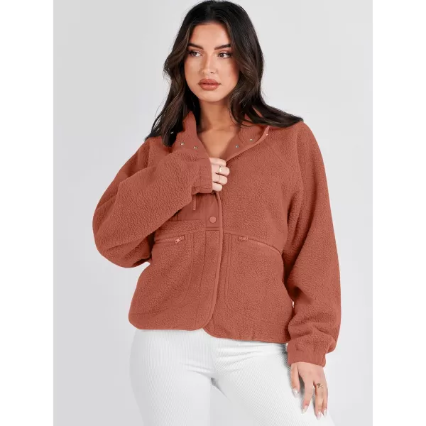 imageANRABESS Womens Fleece Jacket Button Down Shacket Casual Sherpa Cropped Coats Warm Outwear with PocketsRust