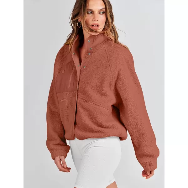 imageANRABESS Womens Fleece Jacket Button Down Shacket Casual Sherpa Cropped Coats Warm Outwear with PocketsRust