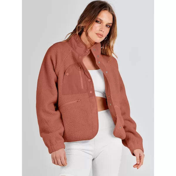 imageANRABESS Womens Fleece Jacket Button Down Shacket Casual Sherpa Cropped Coats Warm Outwear with PocketsRust
