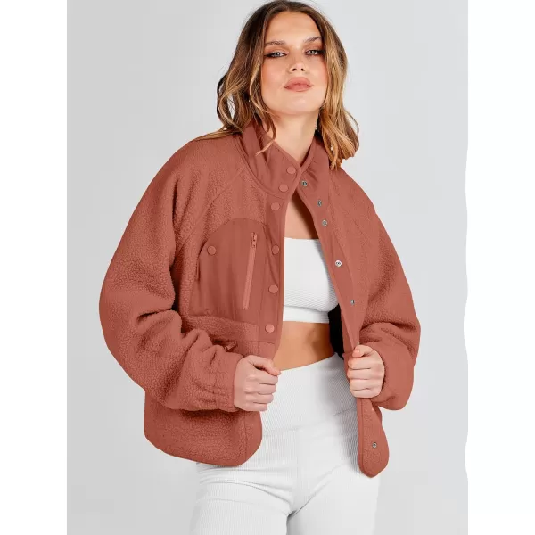 imageANRABESS Womens Fleece Jacket Button Down Shacket Casual Sherpa Cropped Coats Warm Outwear with PocketsRust