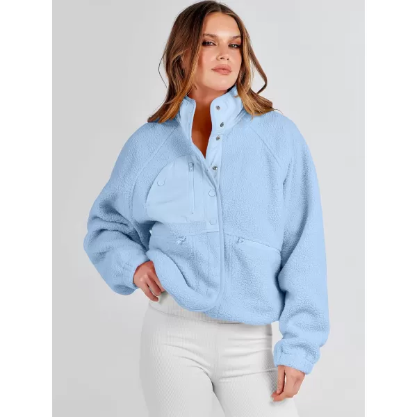 imageANRABESS Womens Fleece Jacket Button Down Shacket Casual Sherpa Cropped Coats Warm Outwear with PocketsSky