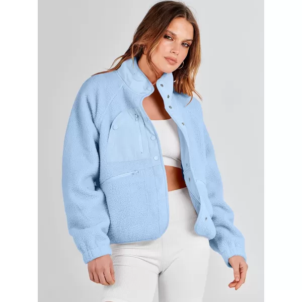 imageANRABESS Womens Fleece Jacket Button Down Shacket Casual Sherpa Cropped Coats Warm Outwear with PocketsSky