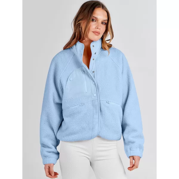 imageANRABESS Womens Fleece Jacket Button Down Shacket Casual Sherpa Cropped Coats Warm Outwear with PocketsSky