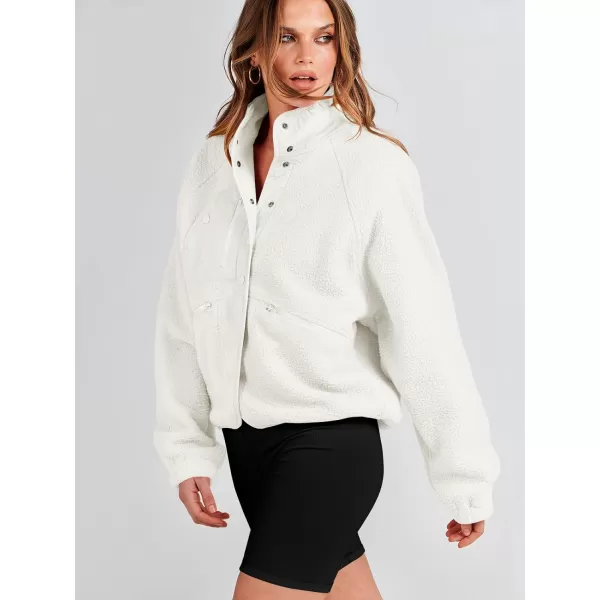 imageANRABESS Womens Fleece Jacket Button Down Shacket Casual Sherpa Cropped Coats Warm Outwear with PocketsWhite