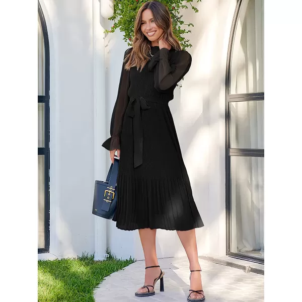imageANRABESS Womens Floral Midi Dress Puff Long Sleeve Ruffle Trim Smocked Aline Pleated Swing Chiffon Dresses with BeltBlack