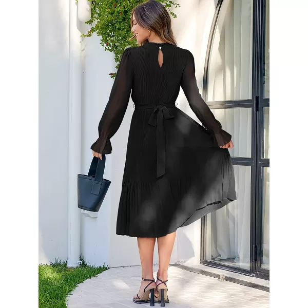 imageANRABESS Womens Floral Midi Dress Puff Long Sleeve Ruffle Trim Smocked Aline Pleated Swing Chiffon Dresses with BeltBlack