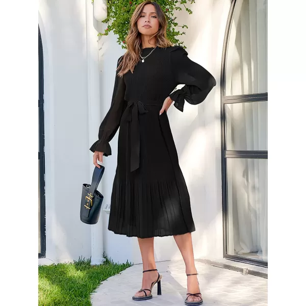 imageANRABESS Womens Floral Midi Dress Puff Long Sleeve Ruffle Trim Smocked Aline Pleated Swing Chiffon Dresses with BeltBlack