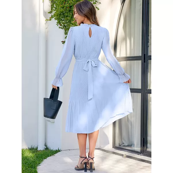 imageANRABESS Womens Floral Midi Dress Puff Long Sleeve Ruffle Trim Smocked Aline Pleated Swing Chiffon Dresses with BeltBlue