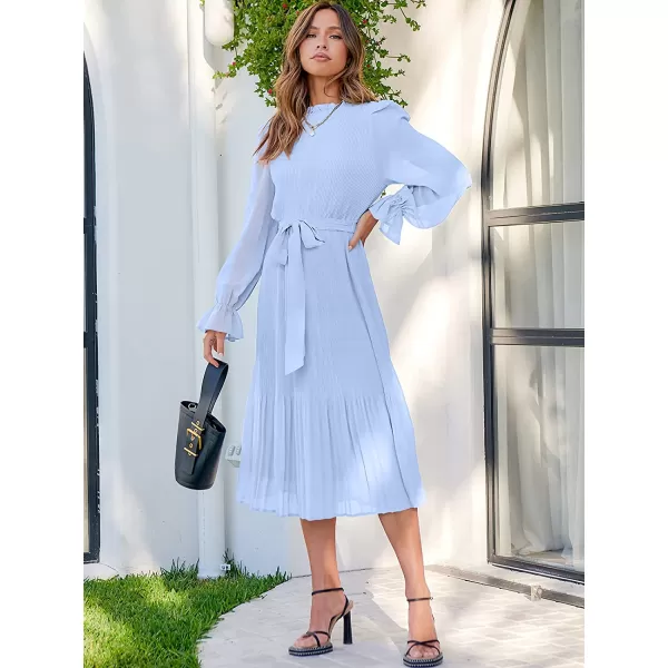imageANRABESS Womens Floral Midi Dress Puff Long Sleeve Ruffle Trim Smocked Aline Pleated Swing Chiffon Dresses with BeltBlue