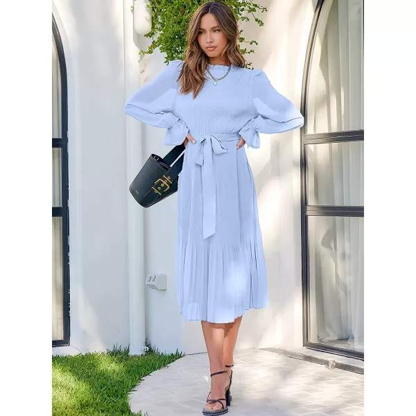 imageANRABESS Womens Floral Midi Dress Puff Long Sleeve Ruffle Trim Smocked Aline Pleated Swing Chiffon Dresses with BeltBlue