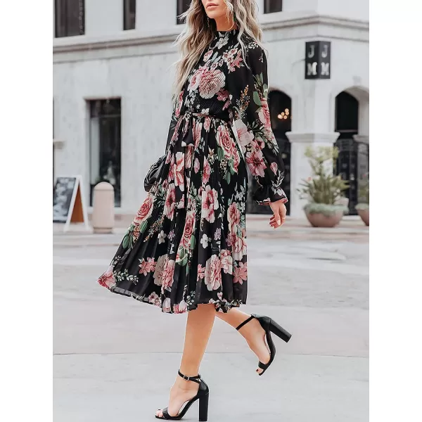 imageANRABESS Womens Floral Midi Dress Puff Long Sleeve Ruffle Trim Smocked Aline Pleated Swing Chiffon Dresses with BeltFloral Black