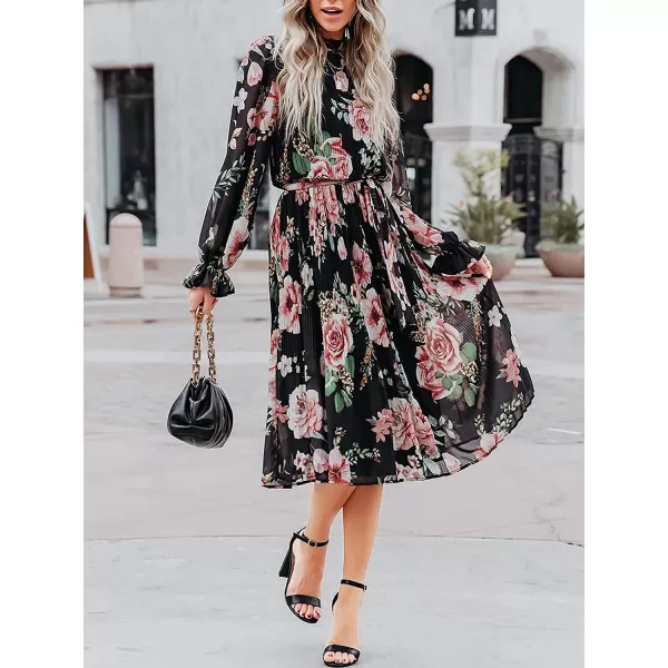 imageANRABESS Womens Floral Midi Dress Puff Long Sleeve Ruffle Trim Smocked Aline Pleated Swing Chiffon Dresses with BeltFloral Black