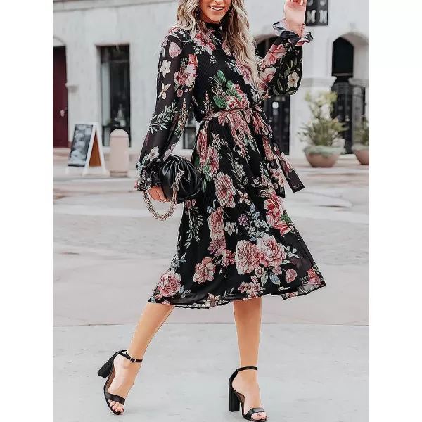 imageANRABESS Womens Floral Midi Dress Puff Long Sleeve Ruffle Trim Smocked Aline Pleated Swing Chiffon Dresses with BeltFloral Black