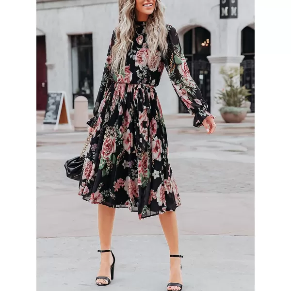 imageANRABESS Womens Floral Midi Dress Puff Long Sleeve Ruffle Trim Smocked Aline Pleated Swing Chiffon Dresses with BeltFloral Black