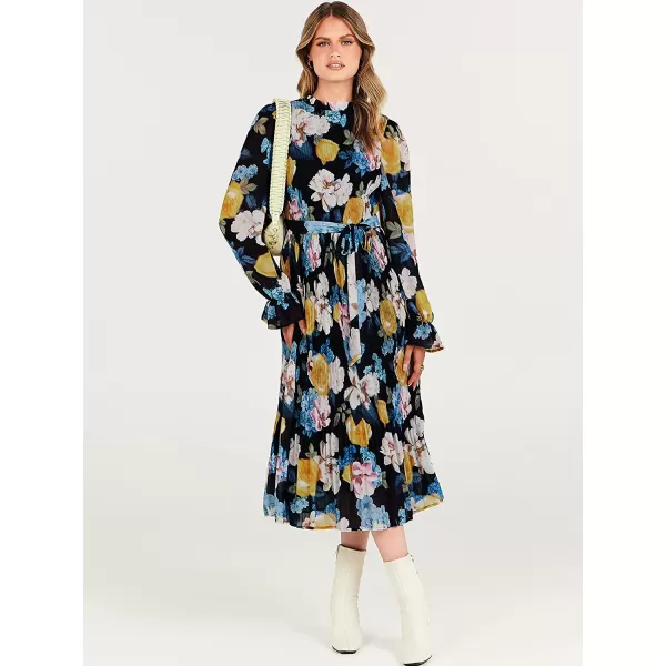 imageANRABESS Womens Floral Midi Dress Puff Long Sleeve Ruffle Trim Smocked Aline Pleated Swing Chiffon Dresses with BeltFloral Black Blue