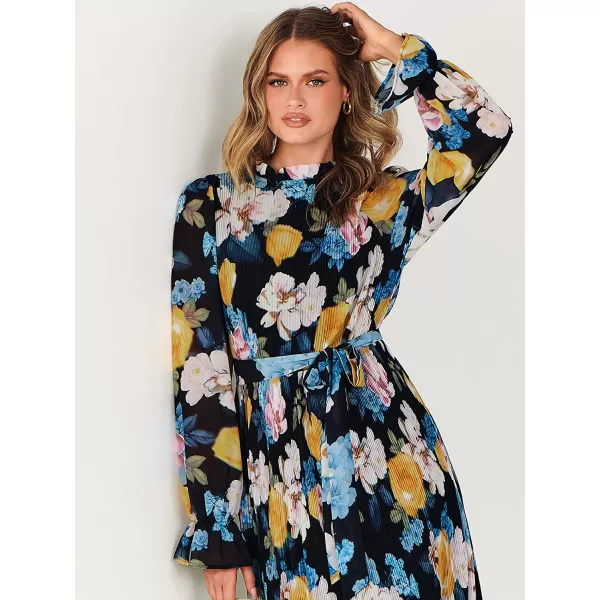 imageANRABESS Womens Floral Midi Dress Puff Long Sleeve Ruffle Trim Smocked Aline Pleated Swing Chiffon Dresses with BeltFloral Black Blue