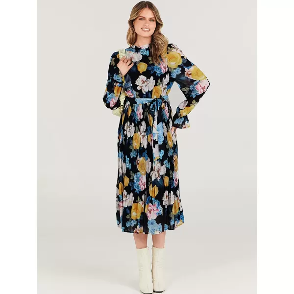 imageANRABESS Womens Floral Midi Dress Puff Long Sleeve Ruffle Trim Smocked Aline Pleated Swing Chiffon Dresses with BeltFloral Black Blue