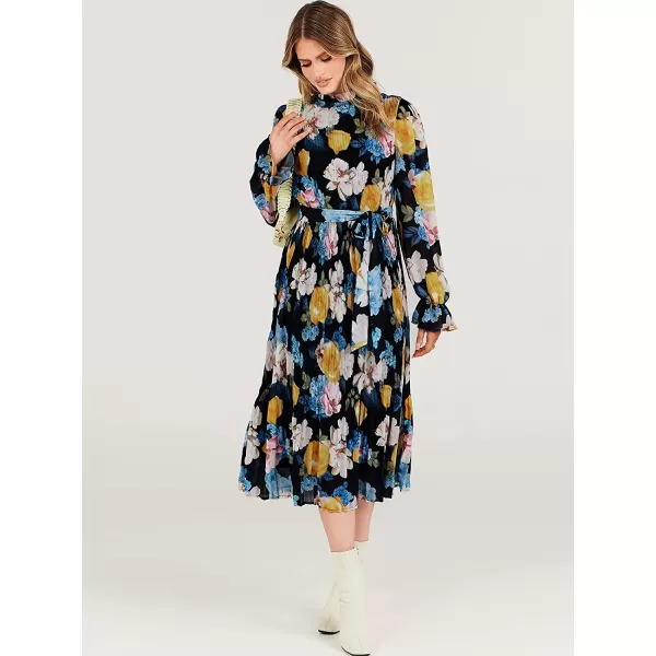 imageANRABESS Womens Floral Midi Dress Puff Long Sleeve Ruffle Trim Smocked Aline Pleated Swing Chiffon Dresses with BeltFloral Black Blue