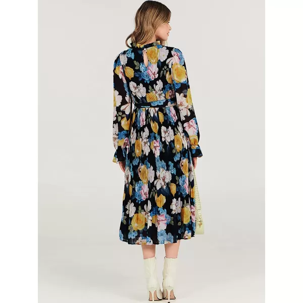 imageANRABESS Womens Floral Midi Dress Puff Long Sleeve Ruffle Trim Smocked Aline Pleated Swing Chiffon Dresses with BeltFloral Black Blue