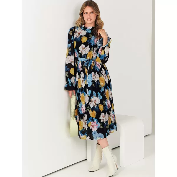 imageANRABESS Womens Floral Midi Dress Puff Long Sleeve Ruffle Trim Smocked Aline Pleated Swing Chiffon Dresses with BeltFloral Black Blue