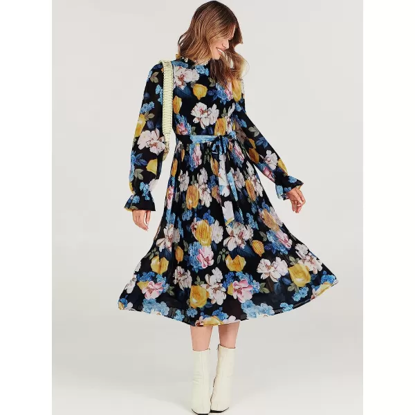 imageANRABESS Womens Floral Midi Dress Puff Long Sleeve Ruffle Trim Smocked Aline Pleated Swing Chiffon Dresses with BeltFloral Black Blue