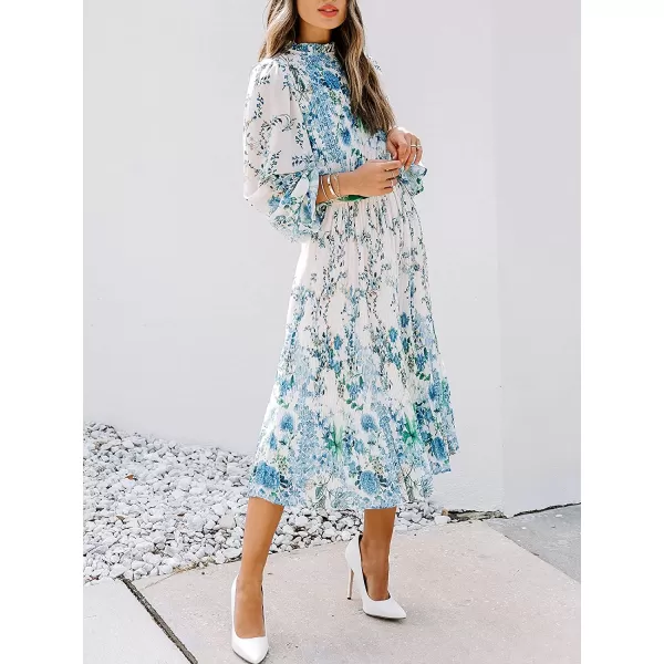imageANRABESS Womens Floral Midi Dress Puff Long Sleeve Ruffle Trim Smocked Aline Pleated Swing Chiffon Dresses with BeltFloral Blue