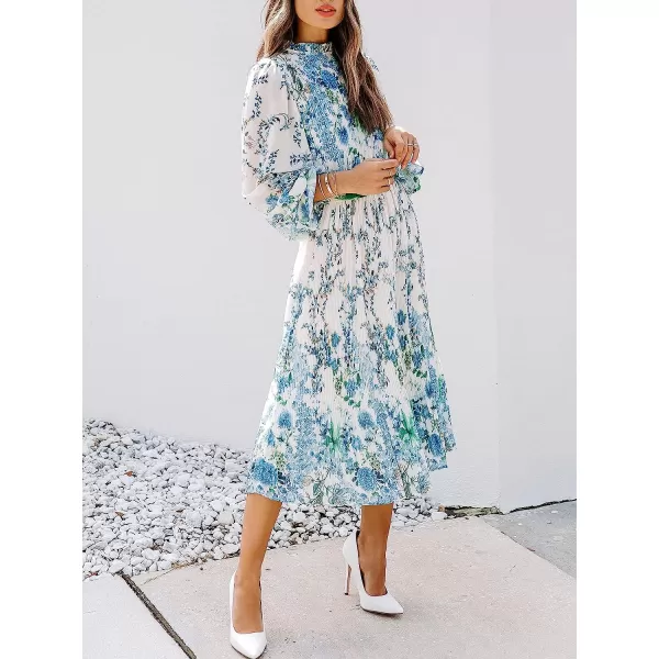 imageANRABESS Womens Floral Midi Dress Puff Long Sleeve Ruffle Trim Smocked Aline Pleated Swing Chiffon Dresses with BeltFloral Blue