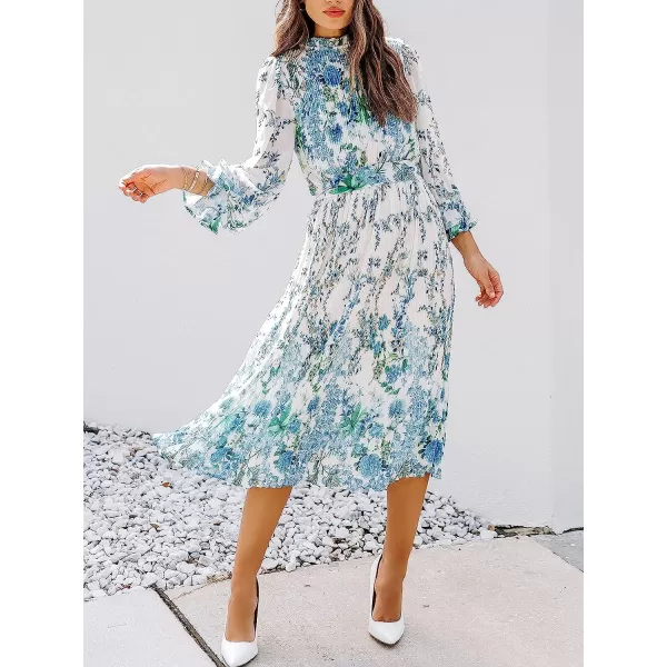 imageANRABESS Womens Floral Midi Dress Puff Long Sleeve Ruffle Trim Smocked Aline Pleated Swing Chiffon Dresses with BeltFloral Blue