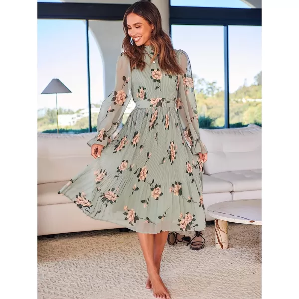 imageANRABESS Womens Floral Midi Dress Puff Long Sleeve Ruffle Trim Smocked Aline Pleated Swing Chiffon Dresses with BeltFloral Green
