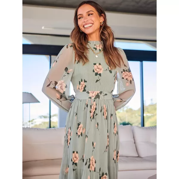 imageANRABESS Womens Floral Midi Dress Puff Long Sleeve Ruffle Trim Smocked Aline Pleated Swing Chiffon Dresses with BeltFloral Green