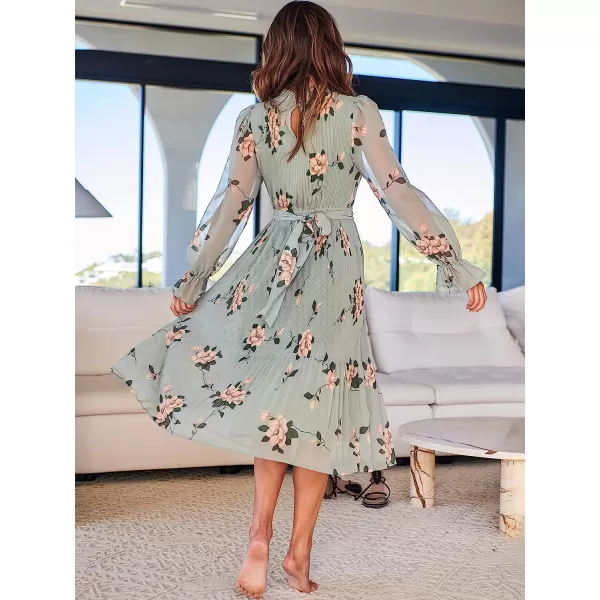 imageANRABESS Womens Floral Midi Dress Puff Long Sleeve Ruffle Trim Smocked Aline Pleated Swing Chiffon Dresses with BeltFloral Green