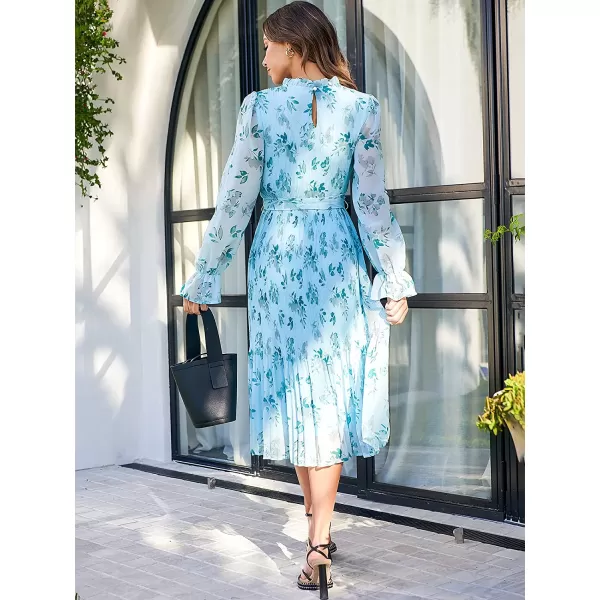 imageANRABESS Womens Floral Midi Dress Puff Long Sleeve Ruffle Trim Smocked Aline Pleated Swing Chiffon Dresses with BeltFloral Leaf