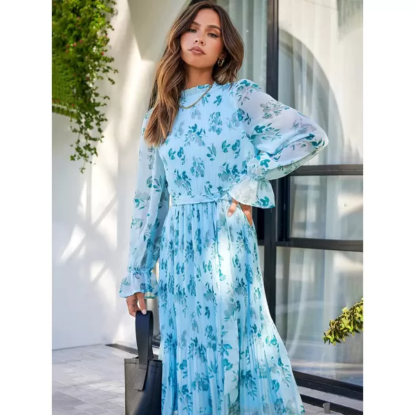 imageANRABESS Womens Floral Midi Dress Puff Long Sleeve Ruffle Trim Smocked Aline Pleated Swing Chiffon Dresses with BeltFloral Leaf