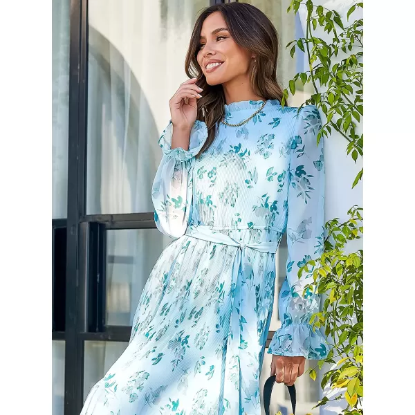 imageANRABESS Womens Floral Midi Dress Puff Long Sleeve Ruffle Trim Smocked Aline Pleated Swing Chiffon Dresses with BeltFloral Leaf