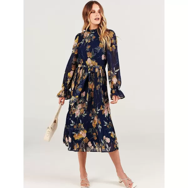 imageANRABESS Womens Floral Midi Dress Puff Long Sleeve Ruffle Trim Smocked Aline Pleated Swing Chiffon Dresses with BeltFloral Navy