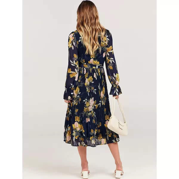 imageANRABESS Womens Floral Midi Dress Puff Long Sleeve Ruffle Trim Smocked Aline Pleated Swing Chiffon Dresses with BeltFloral Navy