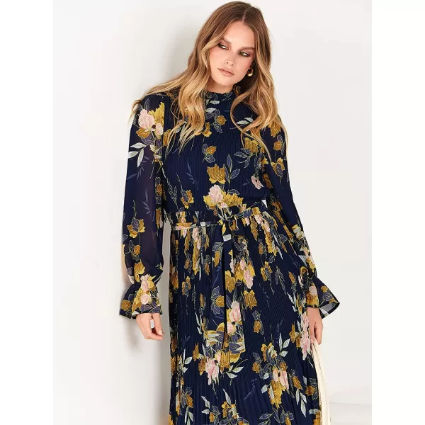 imageANRABESS Womens Floral Midi Dress Puff Long Sleeve Ruffle Trim Smocked Aline Pleated Swing Chiffon Dresses with BeltFloral Navy