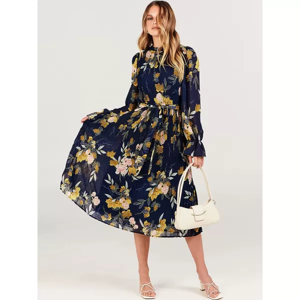 imageANRABESS Womens Floral Midi Dress Puff Long Sleeve Ruffle Trim Smocked Aline Pleated Swing Chiffon Dresses with BeltFloral Navy
