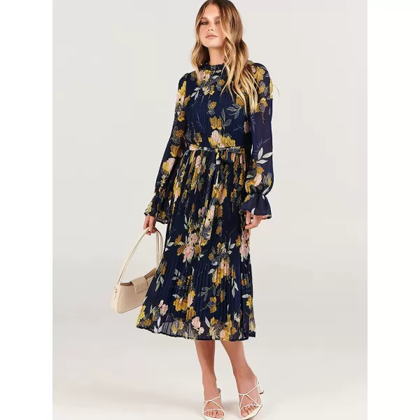 imageANRABESS Womens Floral Midi Dress Puff Long Sleeve Ruffle Trim Smocked Aline Pleated Swing Chiffon Dresses with BeltFloral Navy