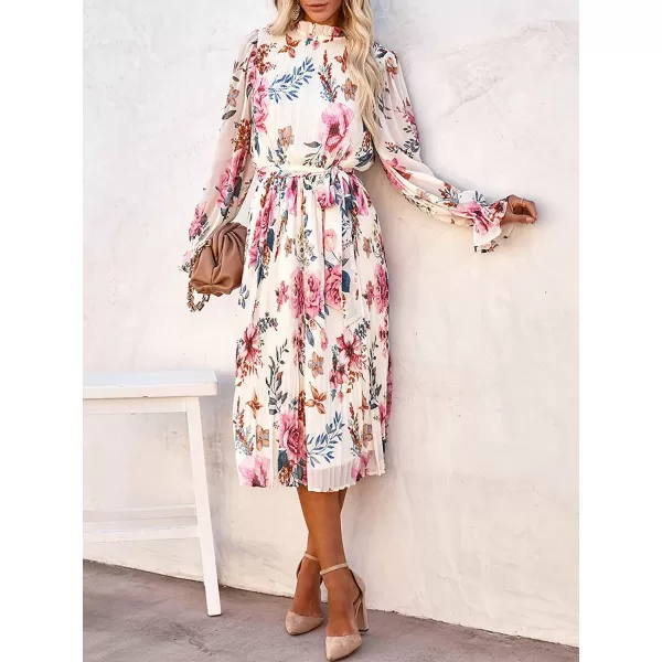 imageANRABESS Womens Floral Midi Dress Puff Long Sleeve Ruffle Trim Smocked Aline Pleated Swing Chiffon Dresses with BeltFloral Pink