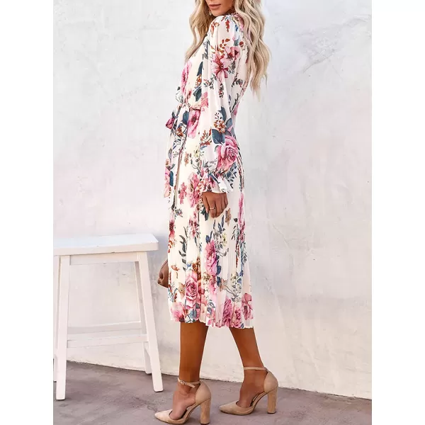 imageANRABESS Womens Floral Midi Dress Puff Long Sleeve Ruffle Trim Smocked Aline Pleated Swing Chiffon Dresses with BeltFloral Pink