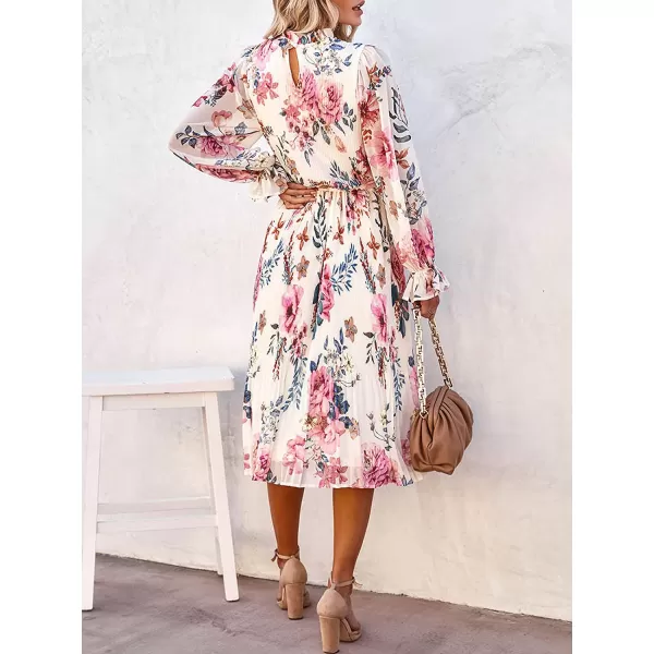 imageANRABESS Womens Floral Midi Dress Puff Long Sleeve Ruffle Trim Smocked Aline Pleated Swing Chiffon Dresses with BeltFloral Pink