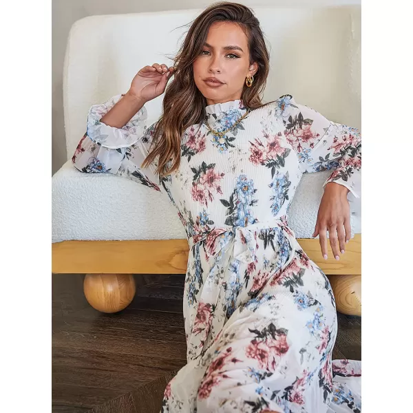 imageANRABESS Womens Floral Midi Dress Puff Long Sleeve Ruffle Trim Smocked Aline Pleated Swing Chiffon Dresses with BeltFloral White