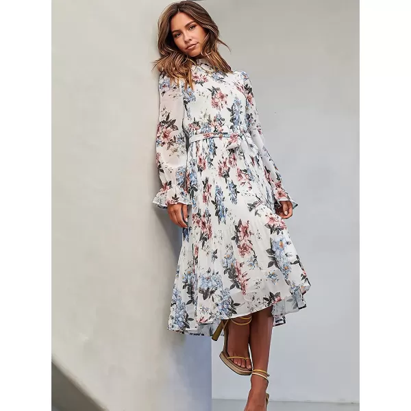 imageANRABESS Womens Floral Midi Dress Puff Long Sleeve Ruffle Trim Smocked Aline Pleated Swing Chiffon Dresses with BeltFloral White