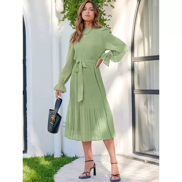 imageANRABESS Womens Floral Midi Dress Puff Long Sleeve Ruffle Trim Smocked Aline Pleated Swing Chiffon Dresses with BeltGreen